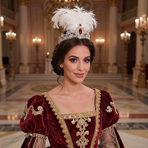 Photograph of a fair-skinned woman with dark hair in an elaborate white feathered headpiece, wearing a rich maroon velvet gown with gold embroidery