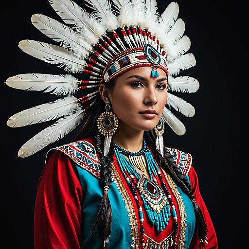Native American-Inspired Woman in Traditional Headdress and Costume
