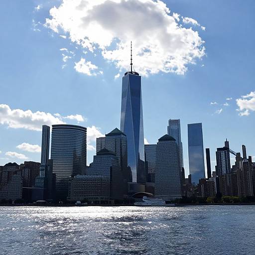 Photograph of New York City skyline with One World Trade Center towering over skyscrapers, bright sun behind clouds, glistening water in foreground.
