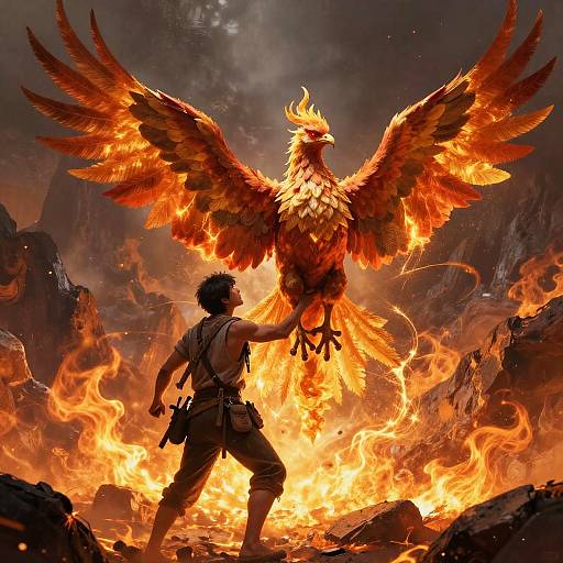 Digital artwork of a muscular man with short dark hair, holding a blazing, fiery phoenix with outstretched wings, standing amidst intense flames in a rocky