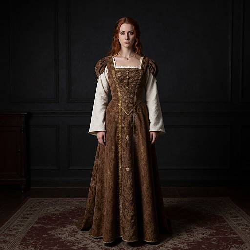Photograph of a red-haired woman in a medieval-style brown dress with white sleeves, standing against a dark, paneled background.