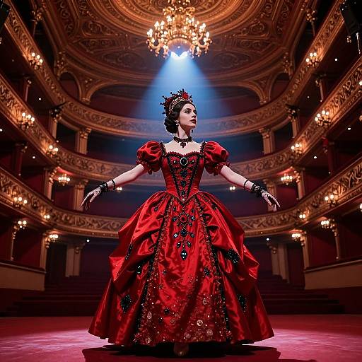 Gothic-inspired ballerina in a vibrant red, black-embellished gown, standing gracefully in a grand, ornate theater with a