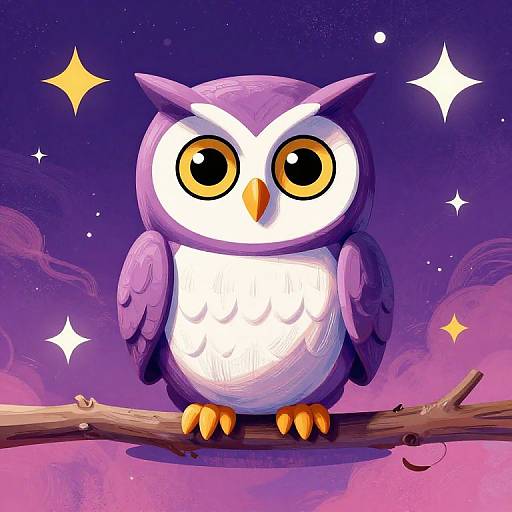 Cute, cartoon-style purple owl with large yellow eyes and orange beak perches on a branch against a purple, starry night sky. Digital