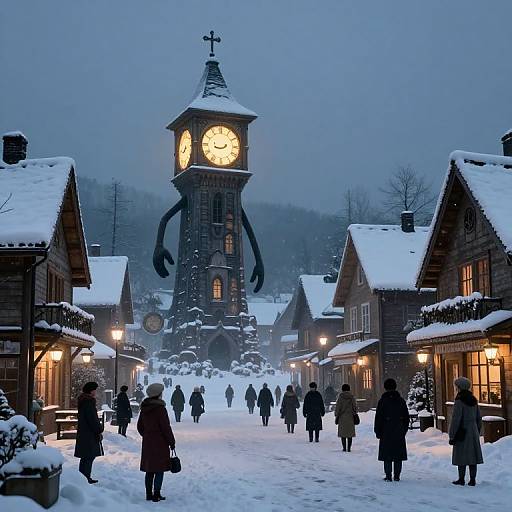 Sentient Clock Tower Over Frozen Village