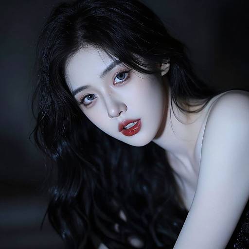 Photograph of a pale-skinned woman with long black hair, red lipstick, and blue eyes, illuminated against a dark background, creating a dramatic,