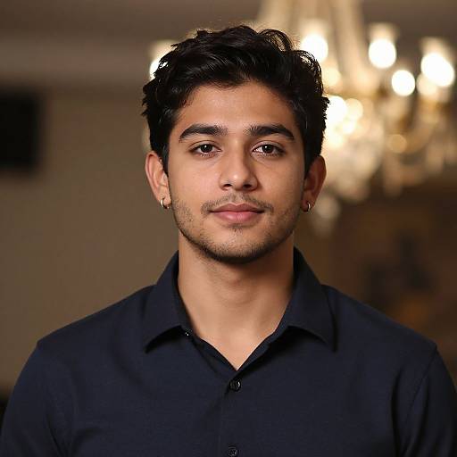 Photograph of a young man with medium brown skin, dark wavy hair, and brown eyes, wearing a black button-up shirt, with a blurred