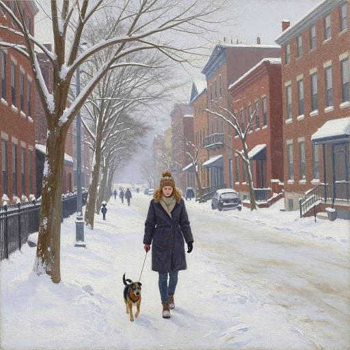 Photograph of a woman in a black coat and beanie, walking a dog on a snowy urban street lined with red brick buildings and leafless trees