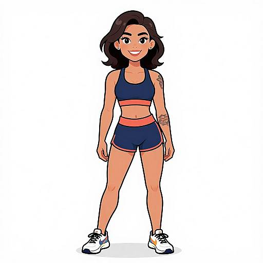 Digital illustration of a smiling young woman with medium skin tone, black wavy hair, wearing a navy sports bra, matching shorts with red stripes, and