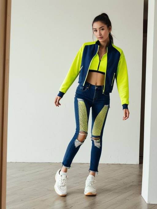 Young Woman in Neon Yellow Athletic Jacket and Skinny Jeans