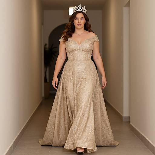 Photograph of a brunette woman with wavy hair, wearing a golden, off-shoulder, floor-length gown and a silver tiara, walking