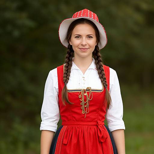 Photograph of a young woman with fair skin, brown braids, wearing a red and white Bavarian dress, red hat, and white blouse,