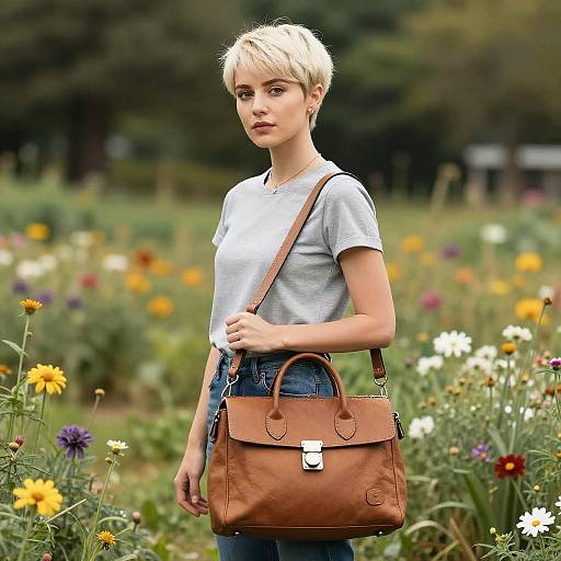 Platinum Blonde Woman with Satchel in Flower Field