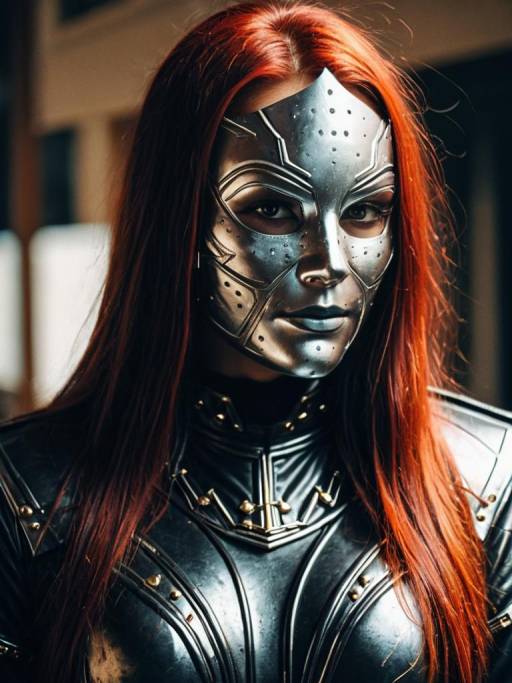 Woman in Metal Face Cosplay Costume