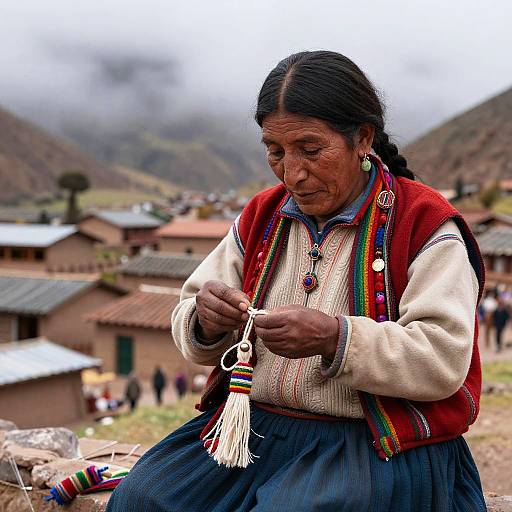Photograph of an elderly indigenous woman with dark skin, long black hair, and traditional Andean attire, carefully threading colorful beads in a mountain village.