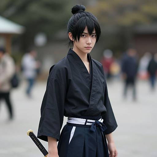 Photograph of an Asian woman with black hair in a topknot, wearing a black kimono with white belt, holding a sword, standing outdoors