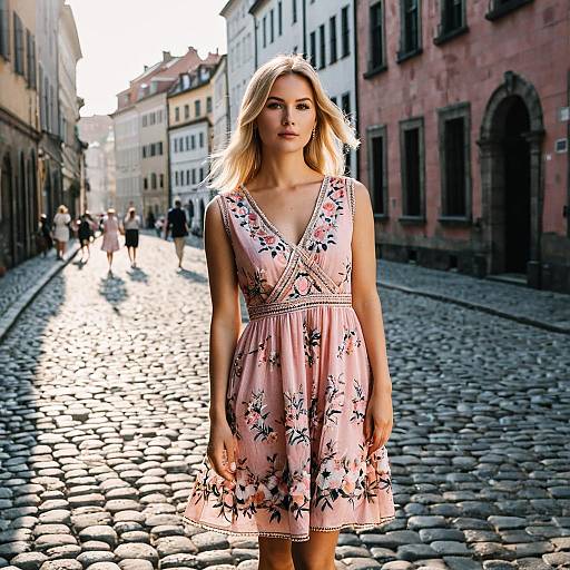 Woman in Pink Floral Dress on Cobblestone Street