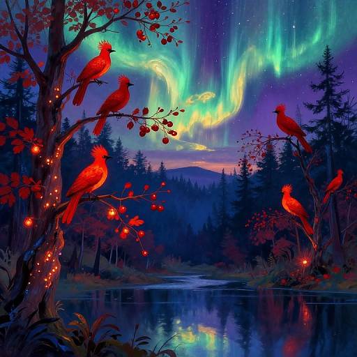 Digital painting of vibrant red cardinals perched on trees under a mesmerizing aurora borealis over a reflective lake in a dark forest.