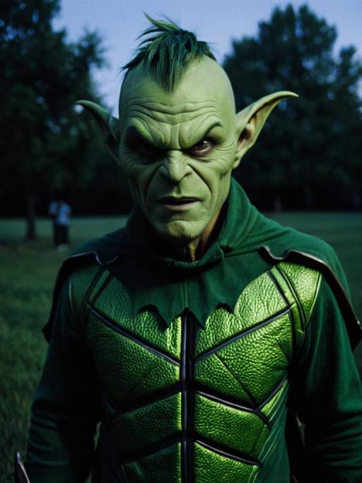 Man in Green Goblin Costume at Twilight
