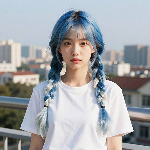 Photograph of an Asian young woman with long blue braided hair, wearing a white t-shirt, standing outdoors with a cityscape background.