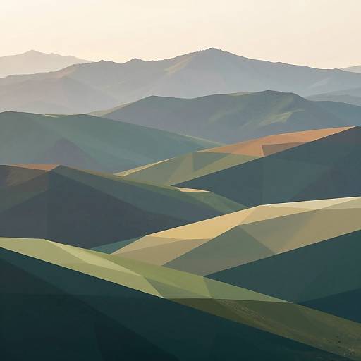 Photograph of a mountain range in soft, geometric shapes; layers of green, blue, and yellow hills under a bright, white sky.