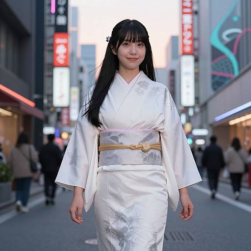 Photograph of an Asian woman with long black hair, wearing a white, floral-patterned kimono and gold obi, walking on a brightly lit