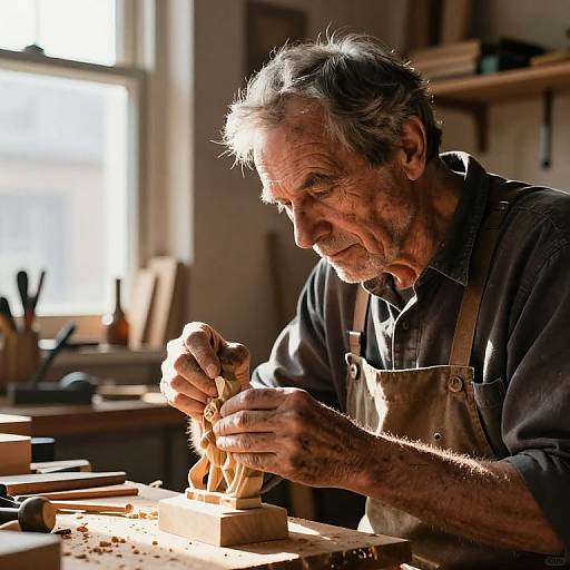 Photograph of an elderly, white-haired woodcarver with a weathered face, wearing a dark shirt and apron, intensely focusing on carving wood