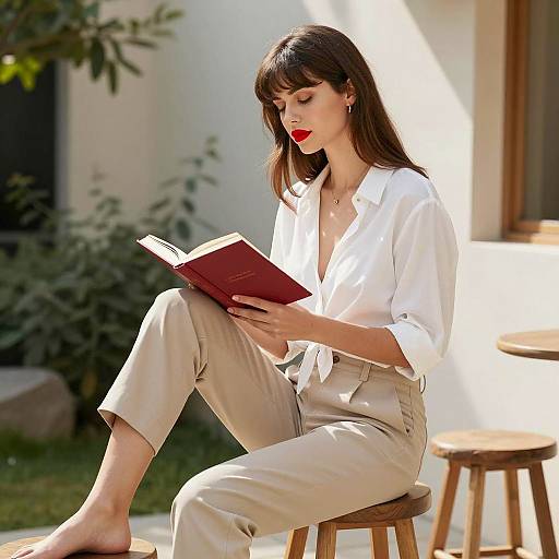 Elegant Woman Reading in Sunlit Garden