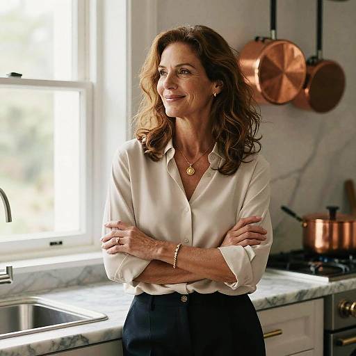 Photograph of a smiling middle-aged woman with wavy brown hair, wearing a white blouse and black skirt, standing in a bright kitchen with copper pots
