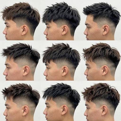 Photograph of a young man's head in six side profiles, showing various stages of a modern undercut hairstyle with spiked dark hair. White background.