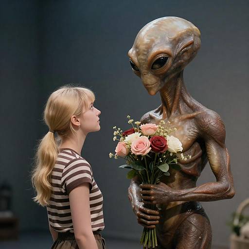 Young Woman Facing Alien Statue with Flowers
