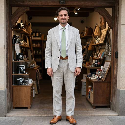 Photograph of a smiling, dark-haired man in a white suit, white shirt, and brown shoes standing in a cozy, wooden-framed shop entrance