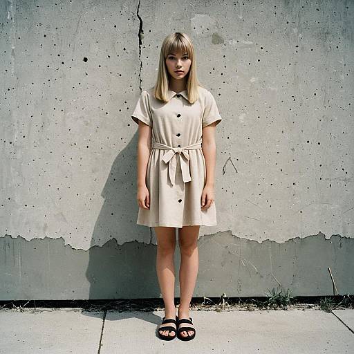 Young Blonde Girl in Beige Dress Standing by Concrete Wall