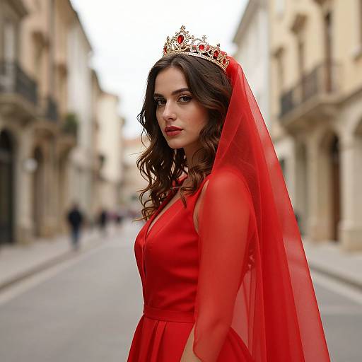 Photograph of a brunette woman in a red dress and veil, wearing a gold tiara, standing in a blurred European street.