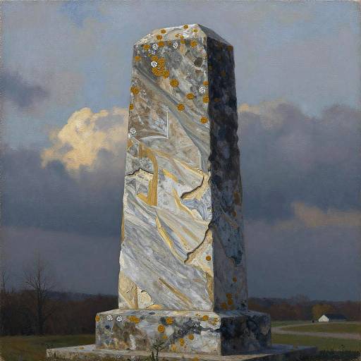 Photorealistic painting of a tall, weathered stone monument with intricate carvings, lichen, and yellow-orange spots, standing in a cloudy