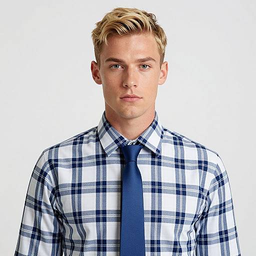 Photograph of a young, blonde-haired man with light skin, wearing a blue and white plaid shirt and matching tie, against a plain white background
