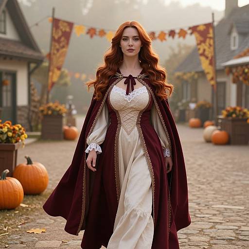 Photograph of a red-haired woman in a medieval-style white and burgundy dress with lace, standing in a cobblestone village decorated with pumpkins