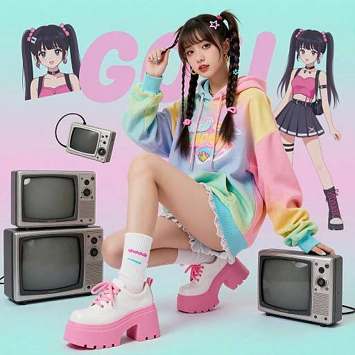 Digital art of a cute, anime-style girl with black pigtails, wearing a colorful hoodie, shorts, white socks, and pink platform shoes,