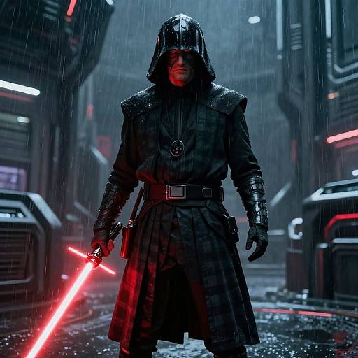 Photorealistic CGI: Dark Jedi in hooded, black robe with red lightsaber, standing in rainy, neon-lit urban alleyway at night