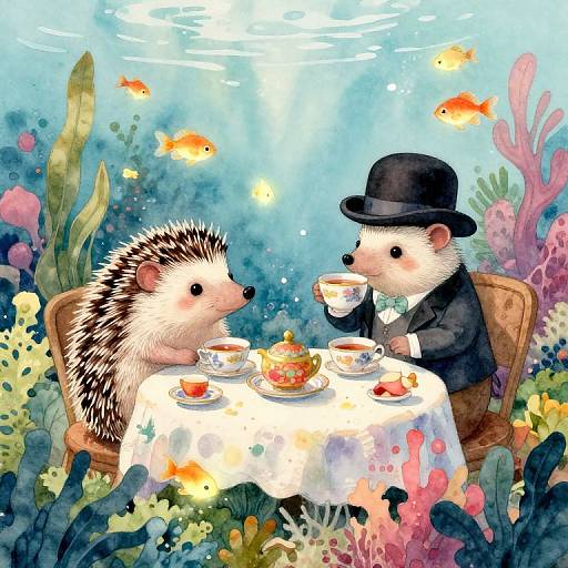 Watercolor illustration of an underwater tea party: two anthropomorphic hedgehogs, one in a top hat, sitting at a table with tea, cake