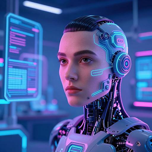 Cybernetic woman with glowing neon blue and pink interfaces on her head and shoulders, in a futuristic, high-tech lab. CGI image.