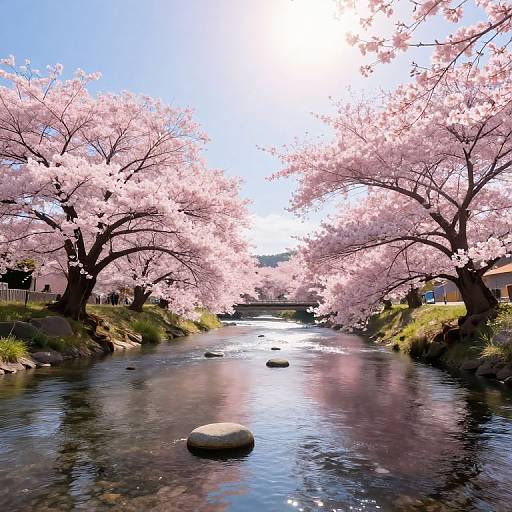 Photograph of a serene cherry blossom-lined creek with pink blossoms overhead, clear water, smooth rocks, and bright blue sky.