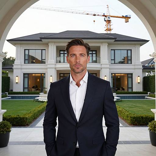 Photograph of handsome, clean-shaven man in black suit, white shirt, standing in front of modern, white, two-story mansion with manicured