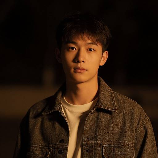 Photograph of an East Asian teenage boy with short black hair, wearing a dark denim jacket over a white t-shirt, illuminated by warm, low lighting