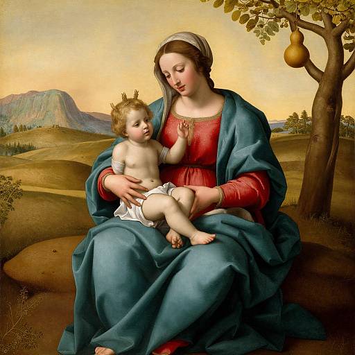 Renaissance painting of a fair-skinned woman in blue and red dress, holding a nude, crowned baby with white diaper, under a tree in
