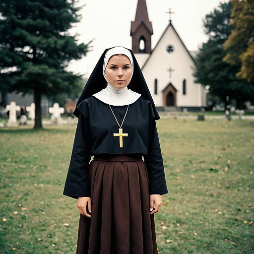 Brown Nun Costume in Outdoor Setting