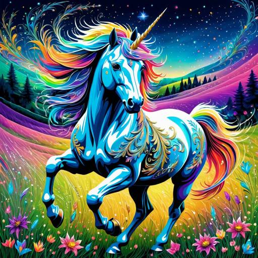 Vibrant Fantasy Unicorn Galloping in Meadow