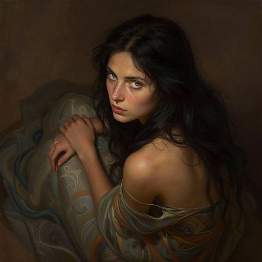 Digital painting of a beautiful woman with long, dark wavy hair, intense green eyes, and a somber expression, draped in a patterned,