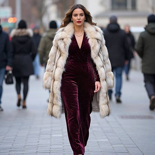 Photograph of a confident woman with wavy brown hair, wearing a deep burgundy velvet jumpsuit and a luxurious white fur coat, walking down a