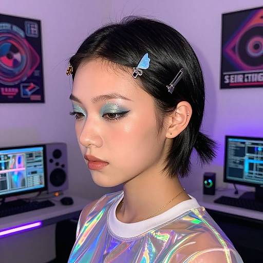 Photograph of an Asian woman with short black hair, blue eyeshadow, butterfly hairpins, and a reflective silver top, in a modern gaming