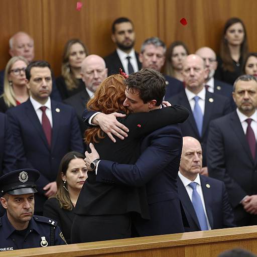 Emotional Embrace in a Crowded Courtroom
